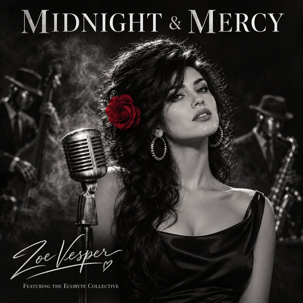 Midnight & Mercy album cover — Zoe Vesper at a vintage microphone, a red rose in her hair, the Ecobyte Collective behind her.
