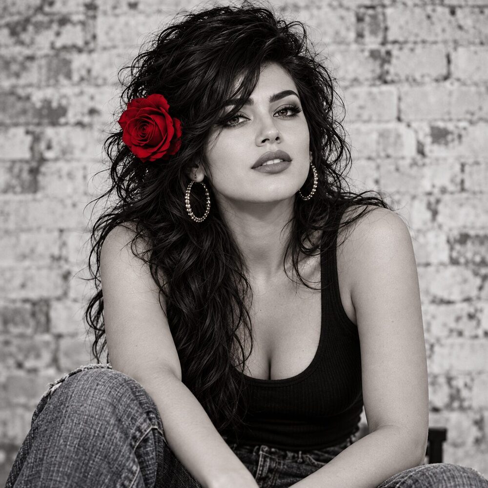 Zoe Vesper seated against a brick wall in jeans and a black tank, rose in her hair.