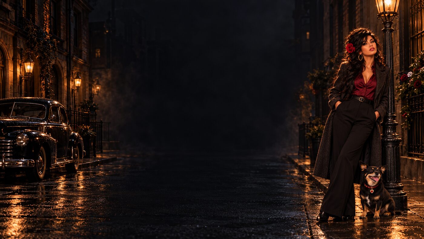 Zoe Vesper leaning on a lamppost on a wet midnight street, Zoey the chiweenie at her feet.