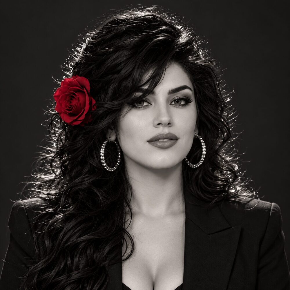 Studio portrait of Zoe Vesper in black and white with a single red rose in her hair.